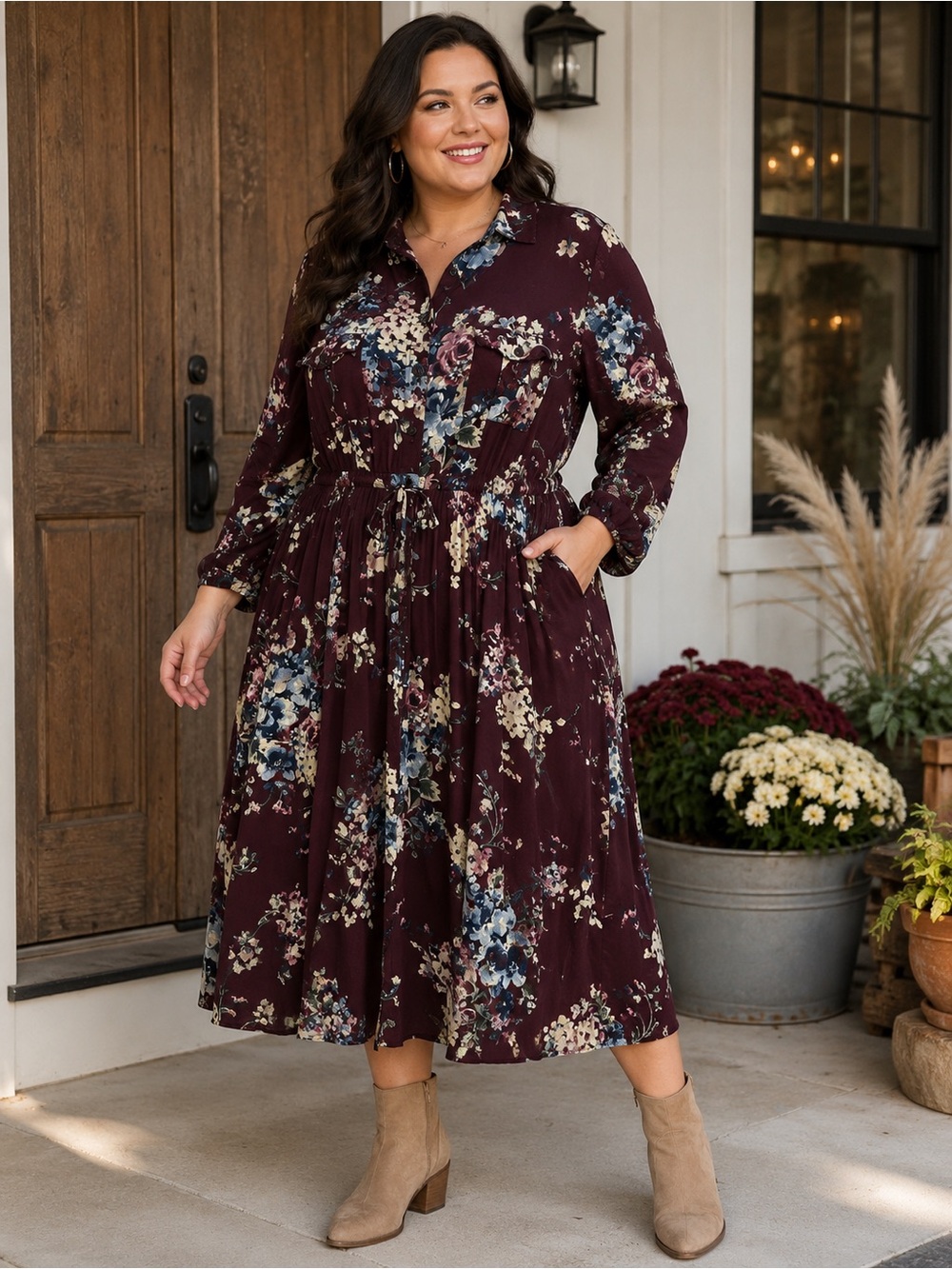 Torrid 2X Floral Midi Dress Burgundy Blue Button Front Drawstring Pockets